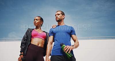 Buy stock photo Outdoor, thinking and couple with fitness, relax and confidence with hobby, wellness and challenge. People, man and woman in city, exercise and hydration with workout, training and bonding together