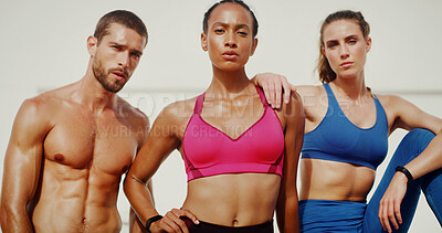 Buy stock photo Fitness, group and confident with portrait, workout break and sweat with wellness. Athlete, training and personal trainer for performance, body goals and serious outdoors for summer and balance