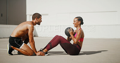 Buy stock photo Outside, fitness or people with personal trainer for sit ups, workout or exercise for teamwork, health or strong core. Coach, woman or athlete with ball for balance, body training and six pack abs