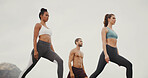 Group, friends and exercise with lunge in nature with low angle, balance and challenge for fitness. People, together and start workout with warm up, training and stretching for wellness by mountains