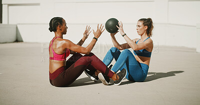 Buy stock photo Outdoor, fitness or women with ball for sit ups, workout or exercise for teamwork, health or strong core. Personal trainer, friends or athletes on ground for balance, body training and six pack abs