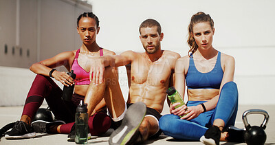 Buy stock photo Fitness, friends and portrait in city with break, exercise rest and sweating with serious people. Man, women and athlete group for urban teamwork, healthy body or development with personal trainer