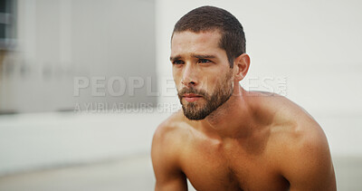 Buy stock photo Breathing, outdoor and man with exercise, wellness and calm with rest, relax and challenge. Healthy person, athlete and guy in street, training or workout with runner, space and fitness with sports