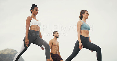 Buy stock photo Yoga, exercise and people in nature for wellness, balance or outdoor morning in low angle. Fitness, pilates and man and women for warrior pose, workout or stretching for calm, mobility or flexibility