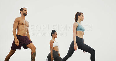 Buy stock photo Yoga, fitness and people for workout, balance and healthy body in morning for calm, mobility or flexibility. White background, low angle and man and women for pilates exercise, wellness or stretching