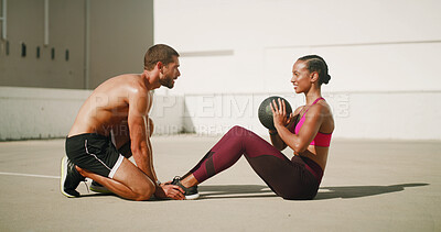 Buy stock photo Outdoor, exercise or people with personal trainer for sit ups, workout or fitness for teamwork, health or strong core. Coach, woman or athlete with ball for balance, body training and six pack abs