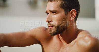Buy stock photo Breathing, relax and man in city, fitness and exhausted with rest, wellness and challenge. Healthy person, athlete and guy in street, training or workout with runner, tired and fatigue with break
