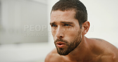 Buy stock photo Breathing, outdoor and man with fitness, exercise and calm with rest, wellness and challenge. Healthy person, athlete and guy in street, training or workout with runner, tired or exhausted with break