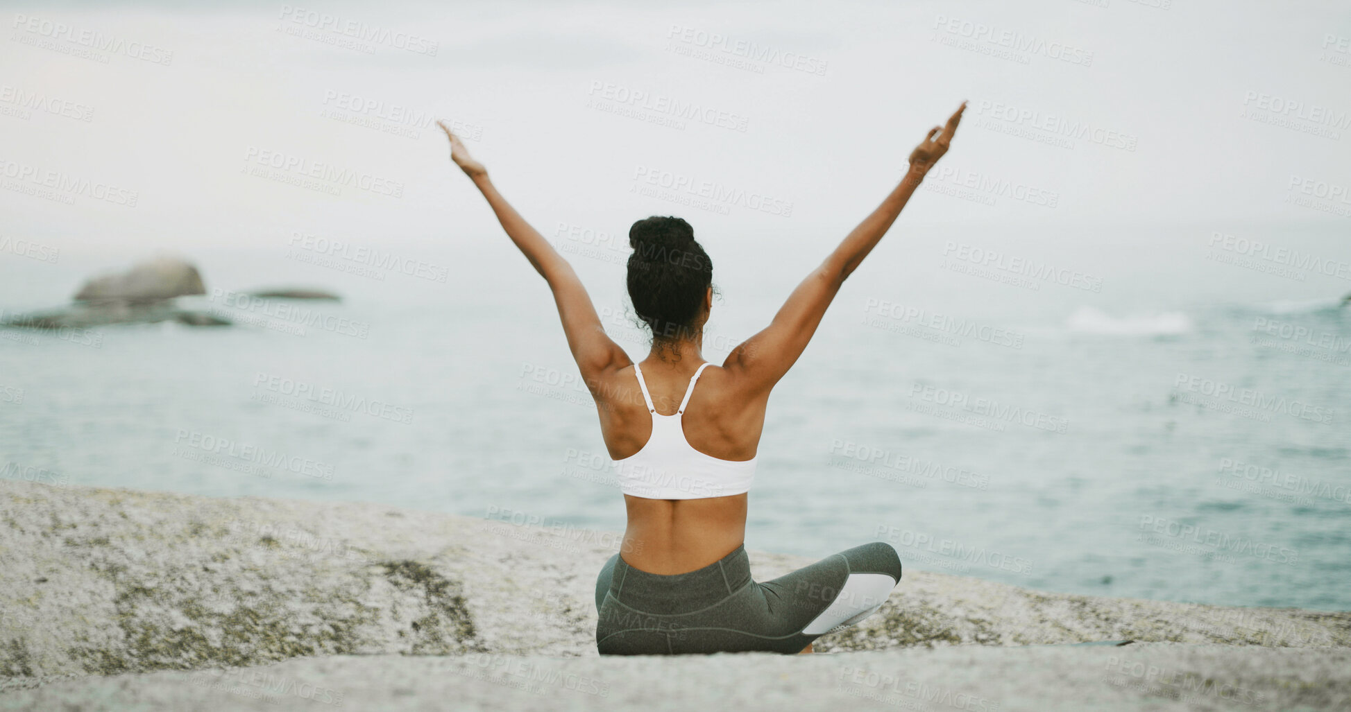 Buy stock photo Ocean, freedom and meditation for woman, outdoor and spiritual practice for wellness, peace and relax. Sea, chakra and self awareness for person, back and yoga with mindfulness benefits or zen