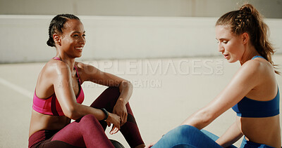 Buy stock photo Fitness, relax and women in city for workout, exercise and marathon training outdoors. Sports, friends and people on break, rest and happy for challenge, performance and wellness in urban town