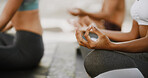 Lotus pose, meditation and hands of woman in nature for peace, workout and spiritual retreat. Zen, healing and calm with closeup of people and outdoor yoga class for chakra, mindfulness and health