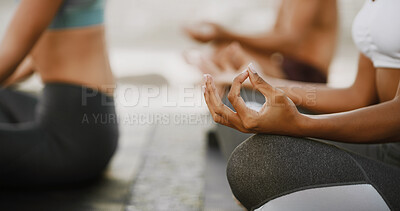 Buy stock photo Lotus pose, meditation and hands of woman in nature for peace, workout and spiritual retreat. Zen, healing and calm with closeup of people and outdoor yoga class for chakra, mindfulness and health