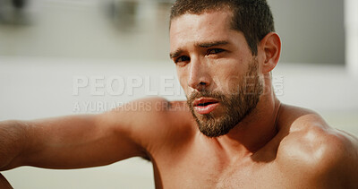 Buy stock photo Tired, outdoor and man with fitness, portrait and relax with wellness, training or challenge. Healthy person, athlete or guy in street, exercise or workout with fatigue, sweat or exhausted with break