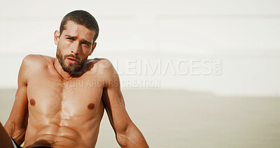 Buy stock photo Break, fitness and portrait of man on beach, sweating for intense cardio exercise or training. Health, sports or workout and shirtless person on space with exhaustion or fatigue for summer challenge