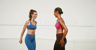 Buy stock photo Fitness, friends and women in city for exercise, training and workout in urban town. Sports, personal trainer and happy people for wellness, performance and health for endurance or challenge outdoors