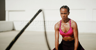 Buy stock photo Fitness, woman and battle ropes outdoor for body strength workout, power training or endurance challenge. Athlete, person or energy with exercise equipment for agility, health performance or wellness
