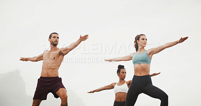 Buy stock photo Yoga, warrior pose and people in nature for wellness, balance and health outdoors in morning. Fitness, pilates and man and women for exercise, workout and stretching for calm, mobility or flexibility