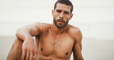 Buy stock photo Man, shirtless and break in city, fitness and workout for muscle growth in summer, sweat and wellness. Person, strong and resilience with portrait, performance and training at urban sidewalk in Spain