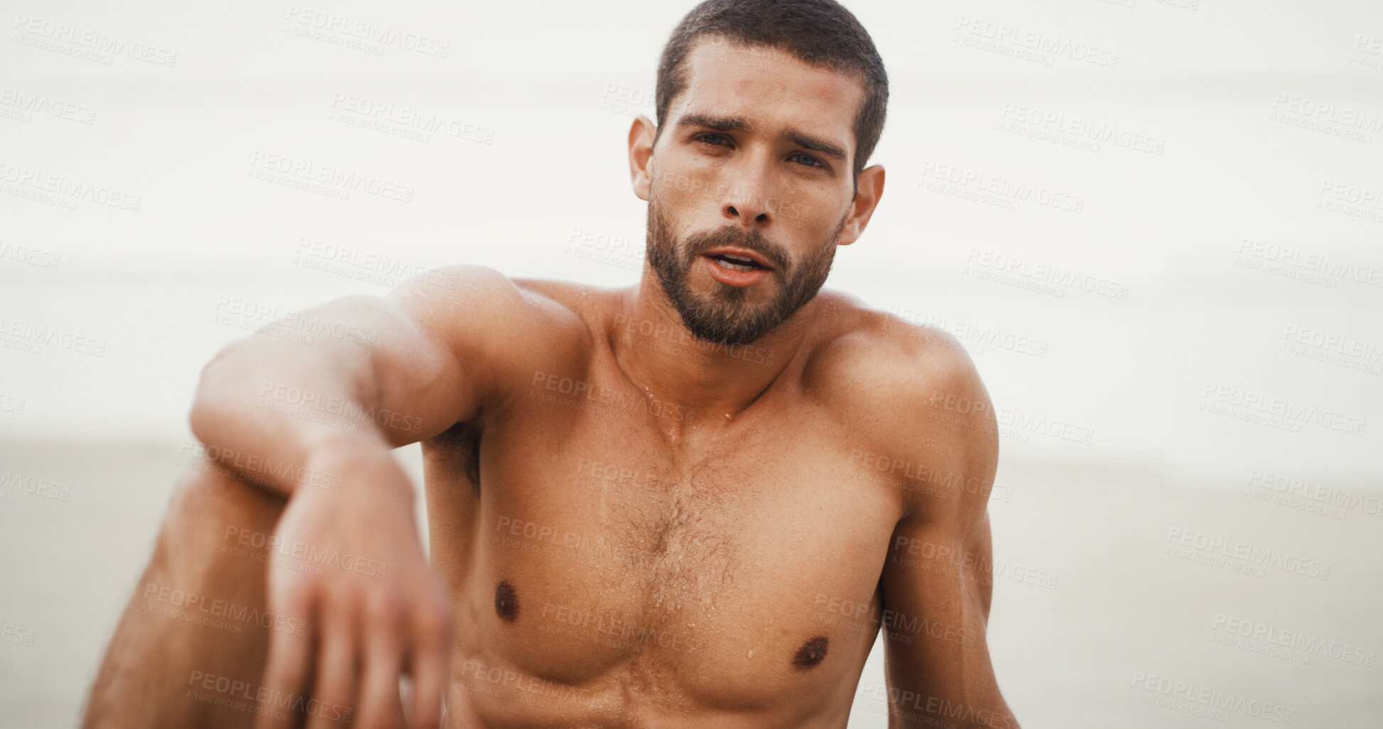 Buy stock photo Man, shirtless and break in city, fitness and workout for muscle growth in summer, sweat and wellness. Person, strong and resilience with portrait, performance and training at urban sidewalk in Spain