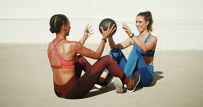 Buy stock photo Outdoor, fitness or people with ball for sit ups, workout or exercise for teamwork, health or strong core. Personal trainer, friends or women on ground for balance, body training and six pack abs