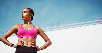 Buy stock photo Fitness, woman and confident with thinking, exercise space or sweat with wellness. Athlete, thinking and blue sky mockup for performance, body goals and serious outdoors for summer sports and balance