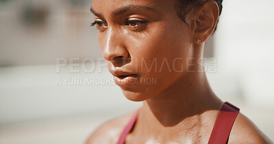 Buy stock photo Breathing, outdoor and woman with fitness, sweaty and calm with rest, exhausted and challenge. Healthy person, athlete and girl in street, training or workout with runner, tired or fatigue with break