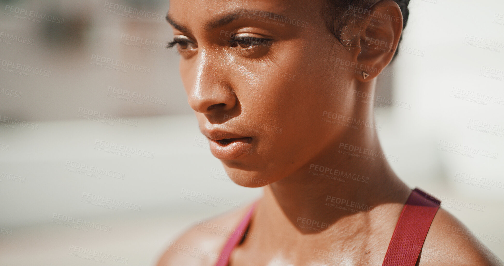 Buy stock photo Breathing, outdoor and woman with fitness, sweaty and calm with rest, exhausted and challenge. Healthy person, athlete and girl in street, training or workout with runner, tired or fatigue with break