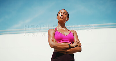 Buy stock photo Fitness, woman and arms crossed with break, exercise space and sweat with wellness. Athlete, thinking and blue sky mockup for performance, body goals and outdoors for summer sports and balance