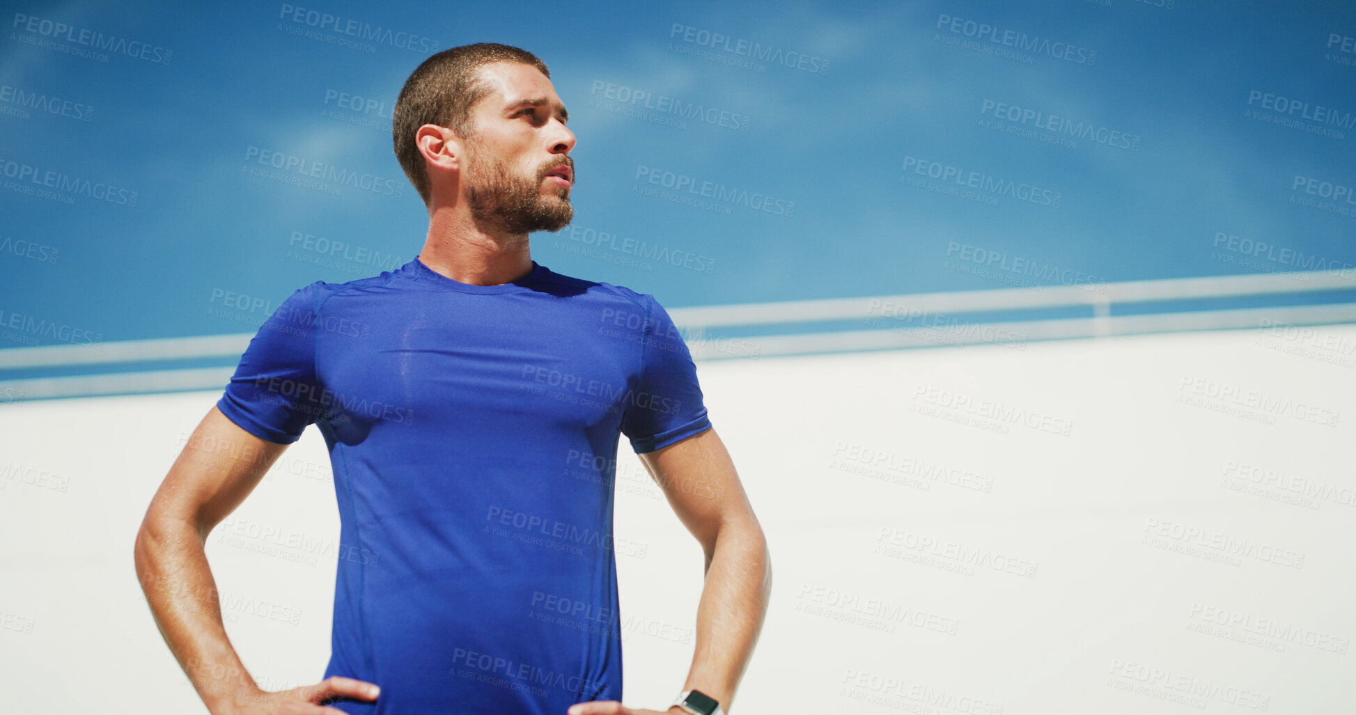Buy stock photo Man, runner and thinking on break, outdoor and breathing for wellness with low angle in summer. Person, athlete and training with rest, tired and recovery for workout, exercise or health with space