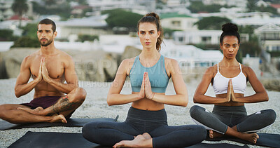 Buy stock photo Breathing, zen and meditation for group, peace and spiritual practice for wellness, calm or relax. Faith, chakra and self awareness for people, mindfulness or yoga with, namaste, benefits and outdoor