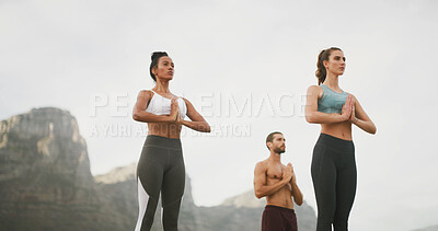 Buy stock photo Breathing, zen and meditation for group, outdoor and spiritual practice for wellness, peace or calm. Faith, chakra and self awareness for people, mindfulness or yoga with cognitive benefits in nature