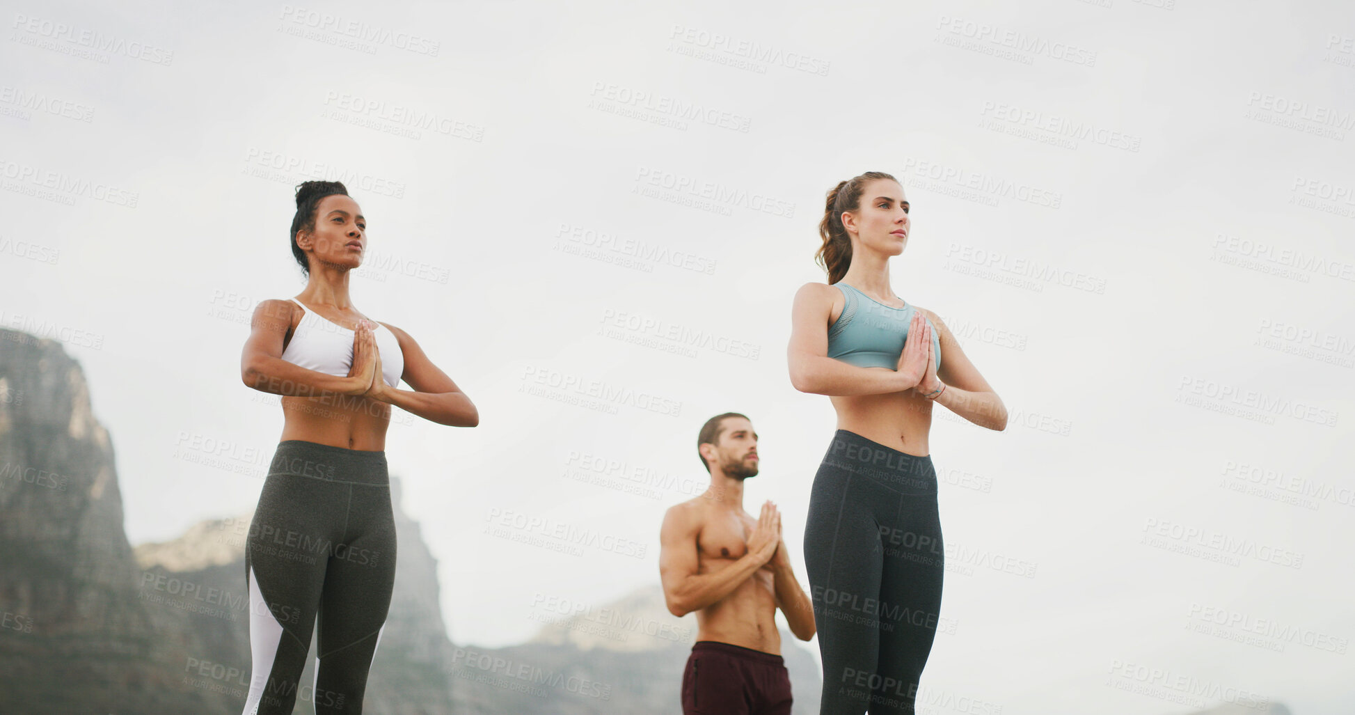 Buy stock photo Breathing, nature and meditation for group, outdoor and spiritual practice for wellness, peace or calm. Faith, chakra and self awareness for people, mindfulness or yoga with cognitive benefits or zen