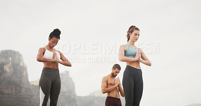 Buy stock photo Breathing, nature and meditation for group, zen and spiritual practice for wellness, peace or calm. Faith, chakra and self awareness for people, mindfulness or yoga with benefits, namaste or outdoor