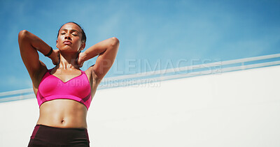 Buy stock photo Fitness, woman and stretching outdoors for exercise, space and sweat with wellness. Athlete, warmup and blue sky thinking for performance, body goals and workout for summer sports and balance