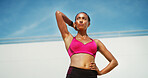 Fitness, woman and stretching with break, exercise space and sweat with wellness. Athlete, thinking and blue sky mockup for performance, body goals and serious outdoors for summer sports and balance