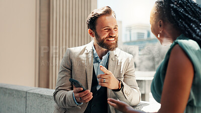 Buy stock photo Conversation, smartphone and business people in city, teamwork and social media for company. Employees, cooperation and colleagues with cellphone, planning for project and discussion with digital app