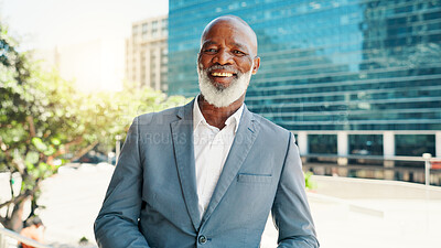 Buy stock photo Architecture, building and portrait of black man in city for career inspiration or opportunity. Business, location and real estate with mature property developer outdoor downtown for commercial sale