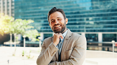 Buy stock photo Business, building and portrait of architect man in city for career inspiration or satisfaction. Location, real estate and smile with happy property developer outdoor downtown for commercial sale