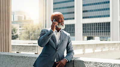 Buy stock photo Business, phone call and thinking with black man in city for discussion or problem solving. Architecture, building and communication with mature property developer outdoor for commercial real estate