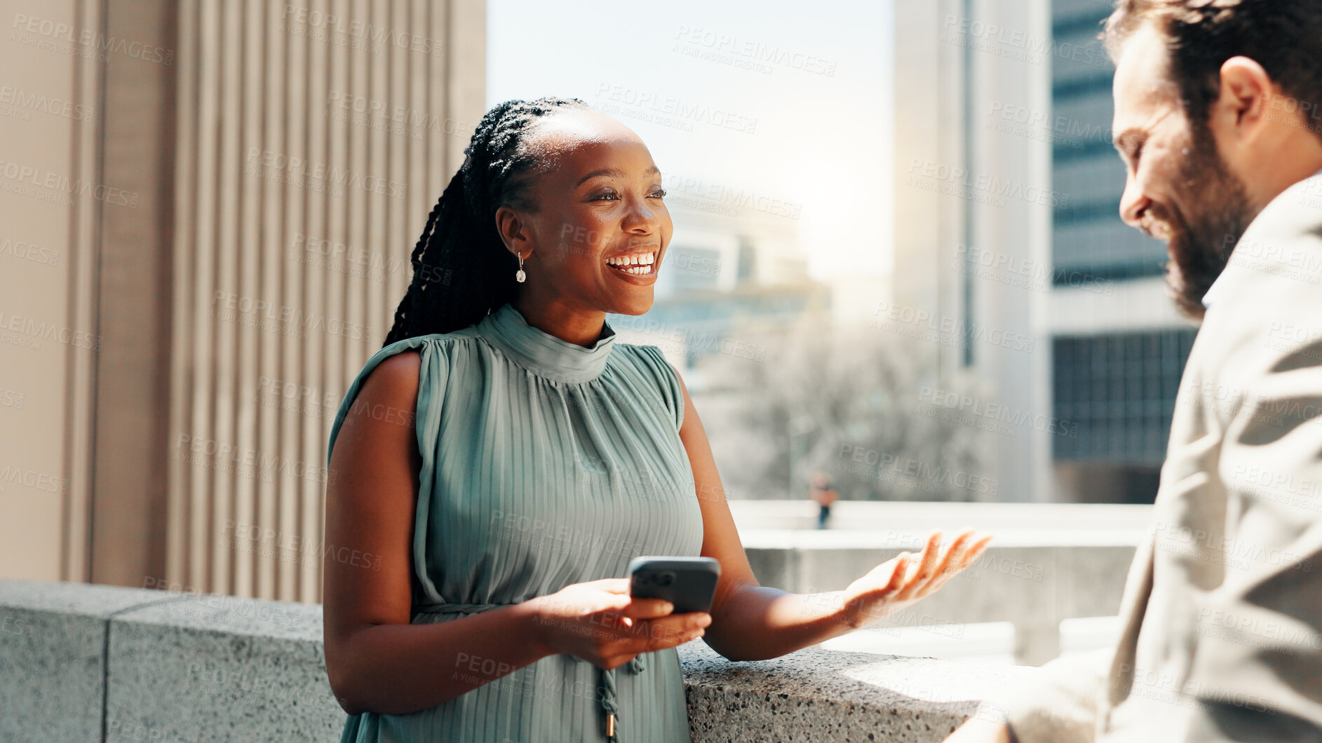 Buy stock photo Discussion, outdoor and people with casual conversation, smile and talking. Employees, coworkers and colleagues in city, share ideas and breeze with buildings, urban town and confidence in New York