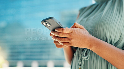 Buy stock photo City, phone and hands of business woman for networking, social media and website for contact. Professional, corporate and person on smartphone for text message, email and online in town for travel. 