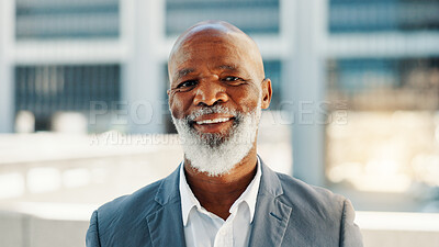 Buy stock photo Business, building and portrait of black man in city for career inspiration or opportunity. Architecture, location and real estate with mature property developer outdoor downtown for commercial sale