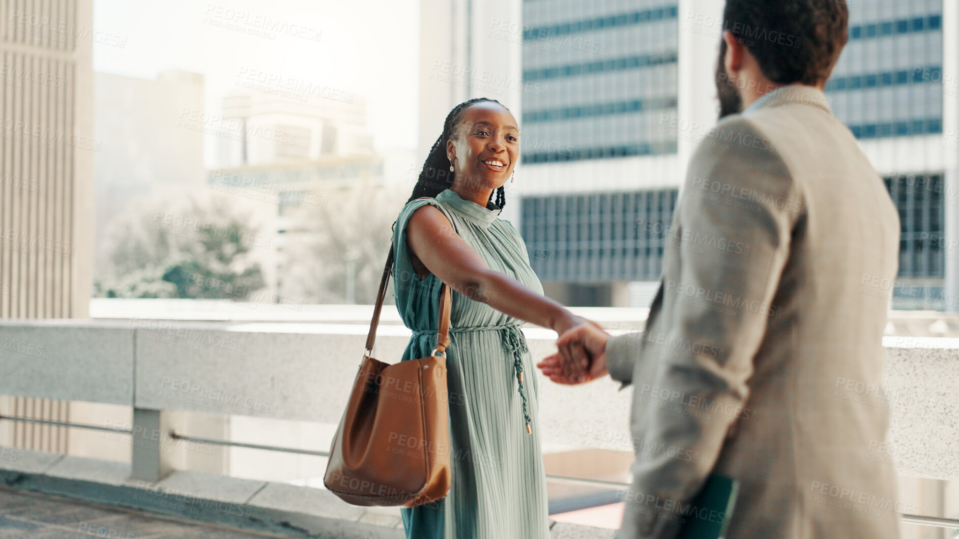 Buy stock photo Handshake, rooftop and business people with deal in city for finance with risk management contract. Agreement, greeting and financial planner with client for investment negotiation with shaking hands