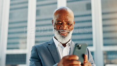 Buy stock photo Typing, phone and business with black man in city for client email, networking app or urban planner. Feedback, building permit news and connection with mature person for real estate development