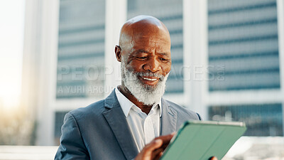 Buy stock photo Smile, tablet and business with black man in city for client email, networking app or urban planner. Feedback, building permit news and connection with mature person for real estate development