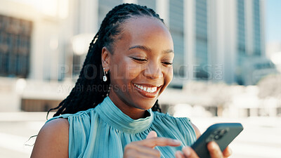 Buy stock photo Search, phone and business with black woman in city for client email, networking app or urban planner. Feedback, building permit news and connection with person outdoor for real estate development