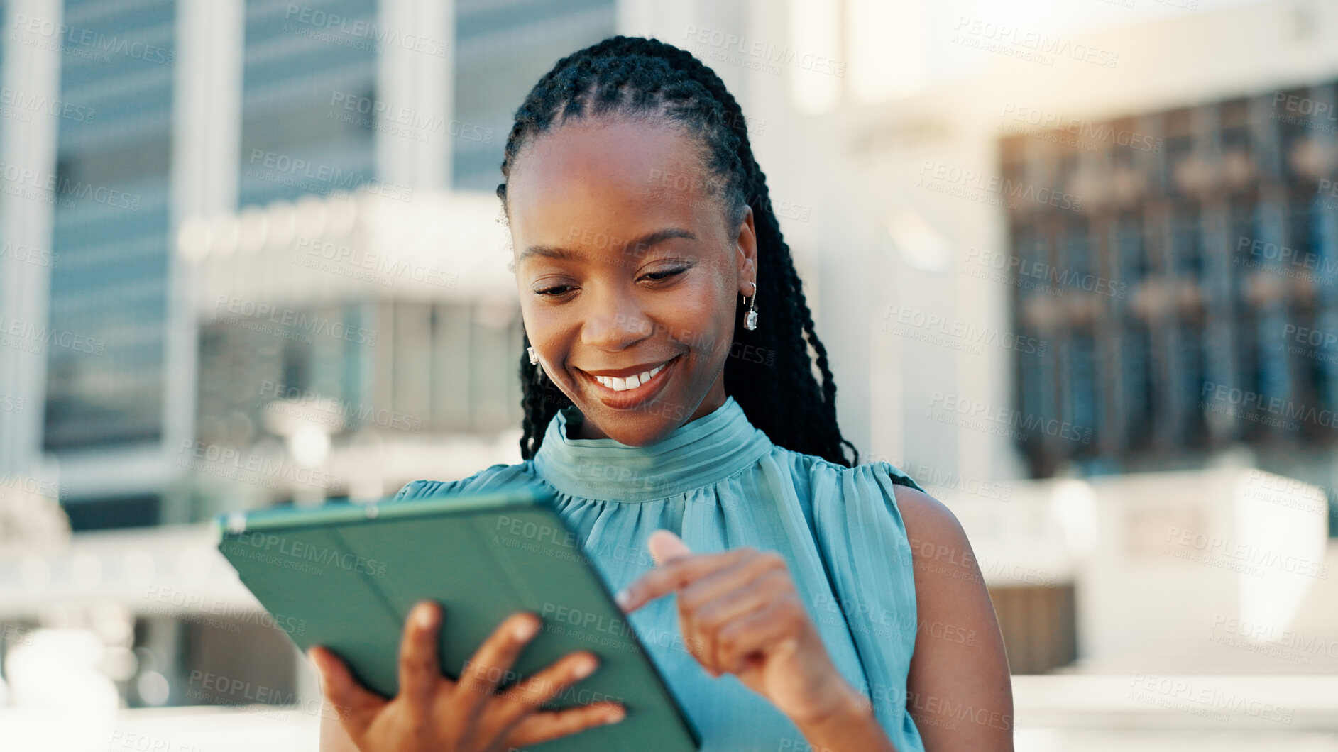 Buy stock photo Typing, tablet and business with black woman in city for client email, networking app or urban planner. Feedback, building permit news and connection with person outdoor for real estate development