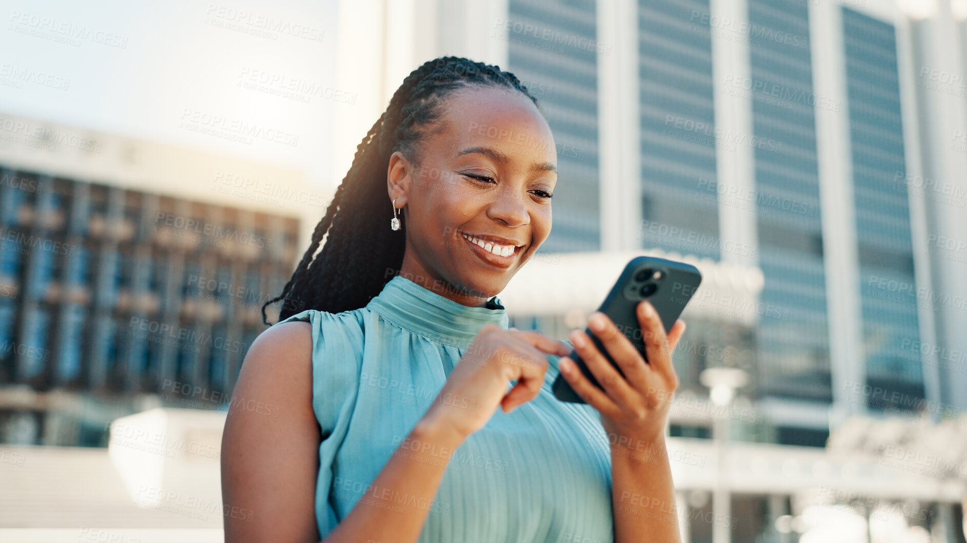 Buy stock photo Chat, phone and business with black woman in city for client email, networking app or urban planner. Feedback, building permit news and connection with person outdoor for real estate development