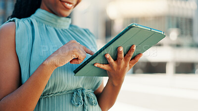 Buy stock photo Hands, tablet and business with black woman in city for client email, networking app or urban planner. Feedback, building permit news and closeup with person outdoor for real estate development