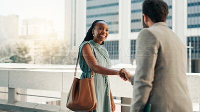 Buy stock photo Meeting, smile and handshake with business people in city for real estate developer, partnership and welcome. Property realtor, urban planning and project with employees outdoors for introduction